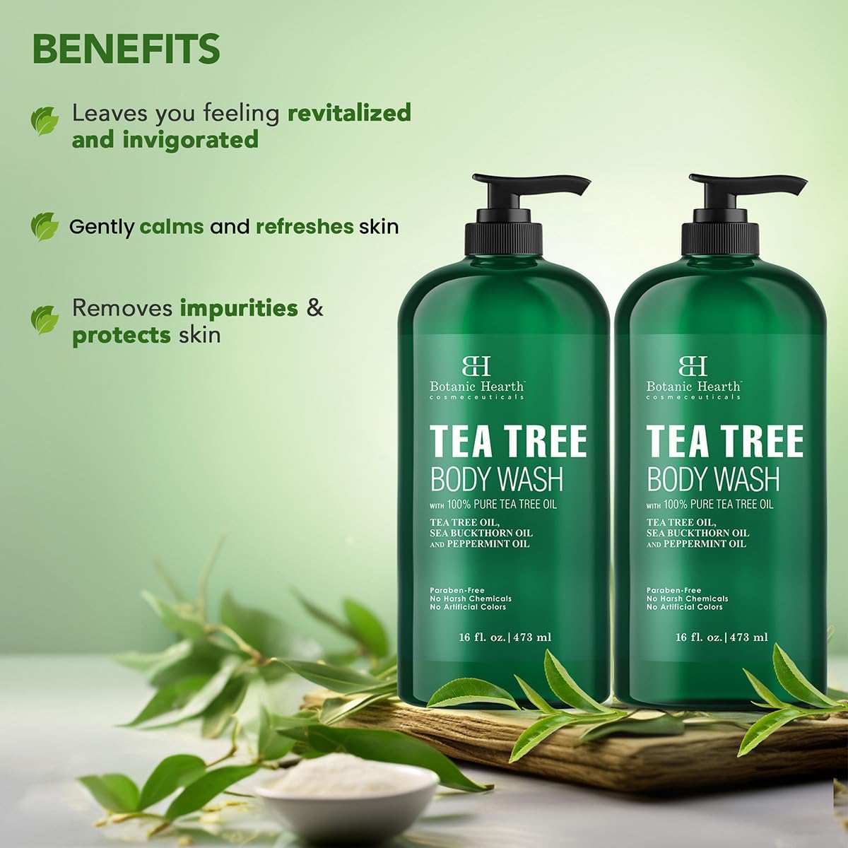 Botanic Hearth Tea Tree Body Wash 16 fl oz (2 Pack) Natural Antifungal & Odor Control Shower Gel for Acne, Athlete? Foot, Ringworm, Jock Itch, Healthy Skin, Sulfate & Paraben Free, for Men & Women
