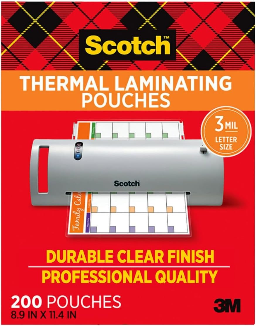 Scotch Thermal Laminating Pouches, 200 Count, Clear, 3 mil., Ideal Office or School Supplies, Fits Letter Sized Paper (8.9 in. ?11.4 in.)