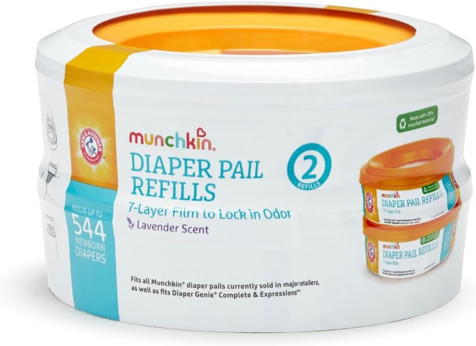 Munchkin?Arm & Hammer Diaper Pail Refill Rings, Holds up to 544 Newborn Diapers, 2 Pack