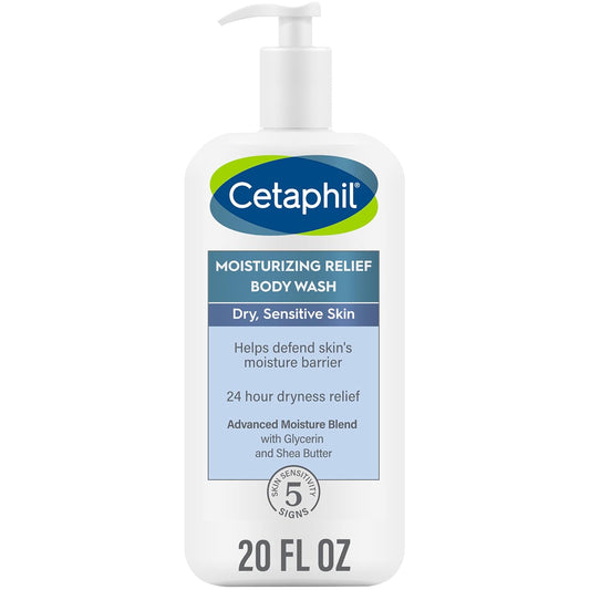 Cetaphil Body Wash, Moisturizing Relief Body Wash for Sensitive Skin, Creamy Rich Formula Gently Cleanses and Gives 24 Hour Relief to Dry Skin, Hypoallergenic, Fragrance Free, 20 oz