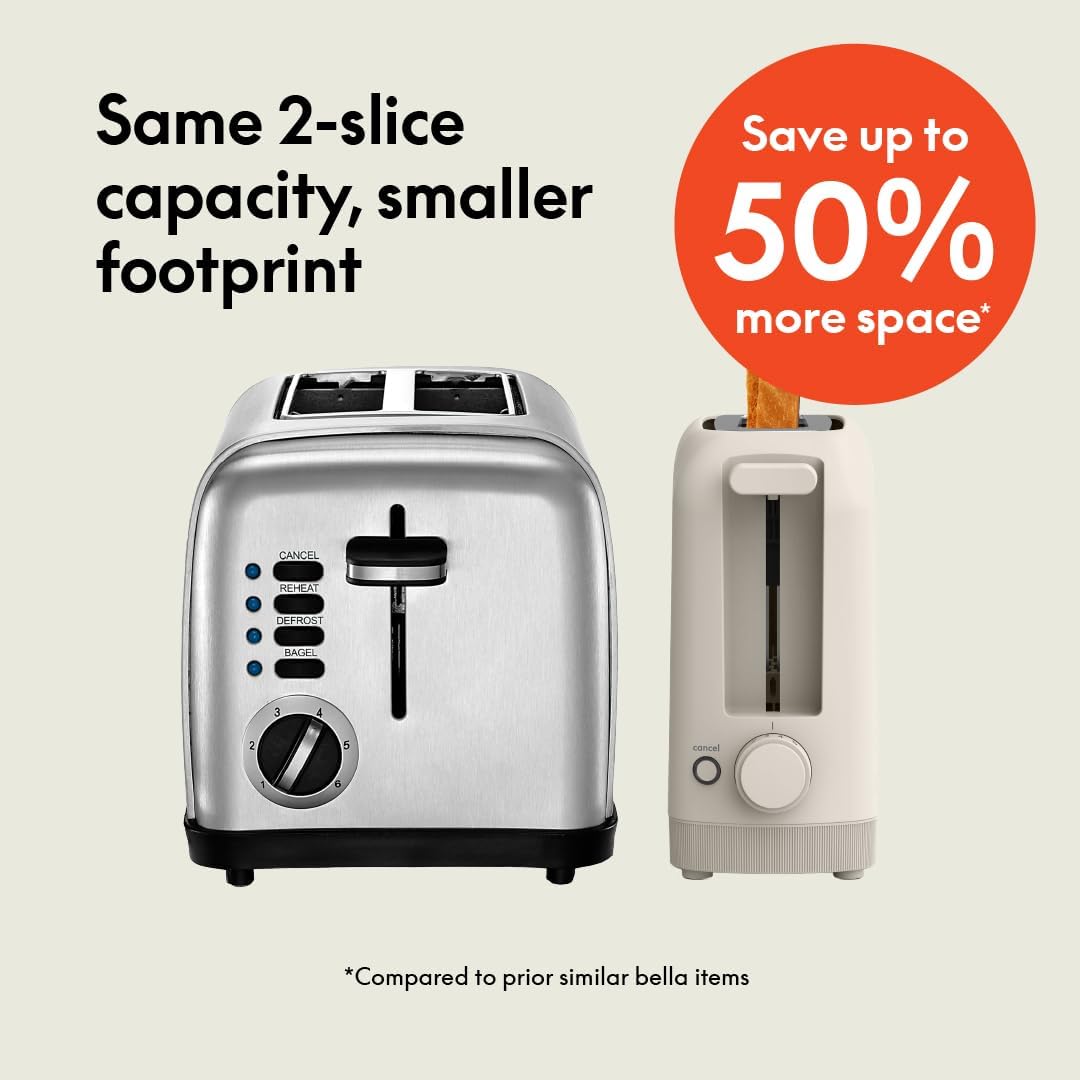 bella 2 Slice Slim Toaster, Fits-anywhere?Kitchenware, 6 Setting Shade Control with Reheat & Cancel Buttons, Fits sourdough, 10?Long Slot, Anti Jam & Auto Shutoff, 900 Watt, Oatmilk