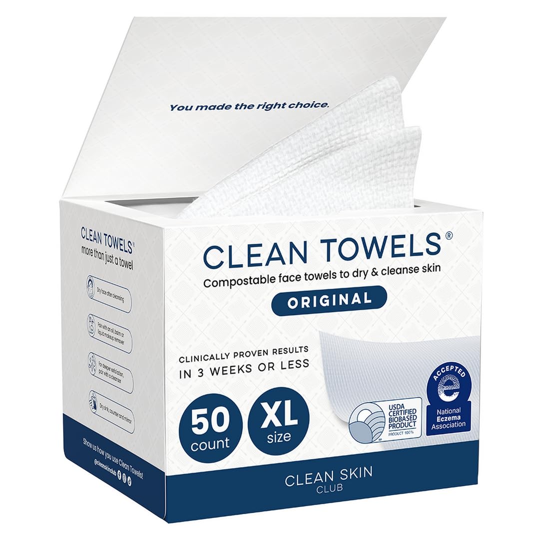 Clean Skin Club Clean Towels XL? 100% USDA Biobased Face Towel, Disposable Face Towelette, Eczema Association Accepted, Makeup Remover Dry Wipes, Ultra Soft, 1 Pack, 50 Ct