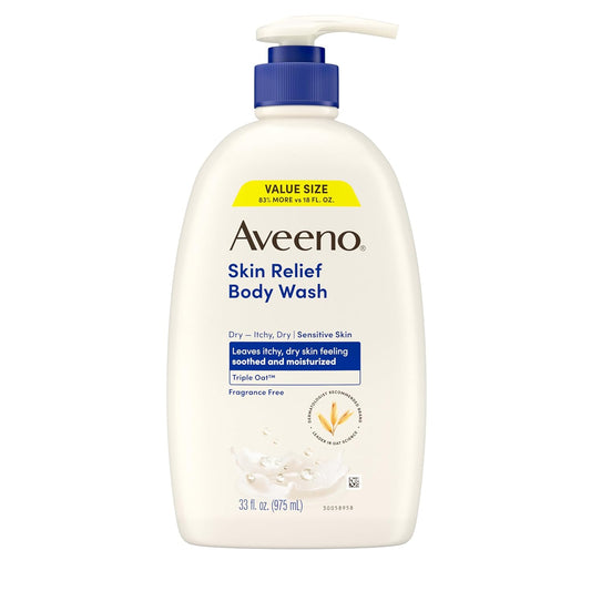Aveeno Skin Relief Fragrance-Free Body Wash with Triple Oat?Complex, Gentle Daily Cleanser for Sensitive Skin Leaves Itchy, Dry Skin Feeling Soothed & Moisturized, 33 fl. oz