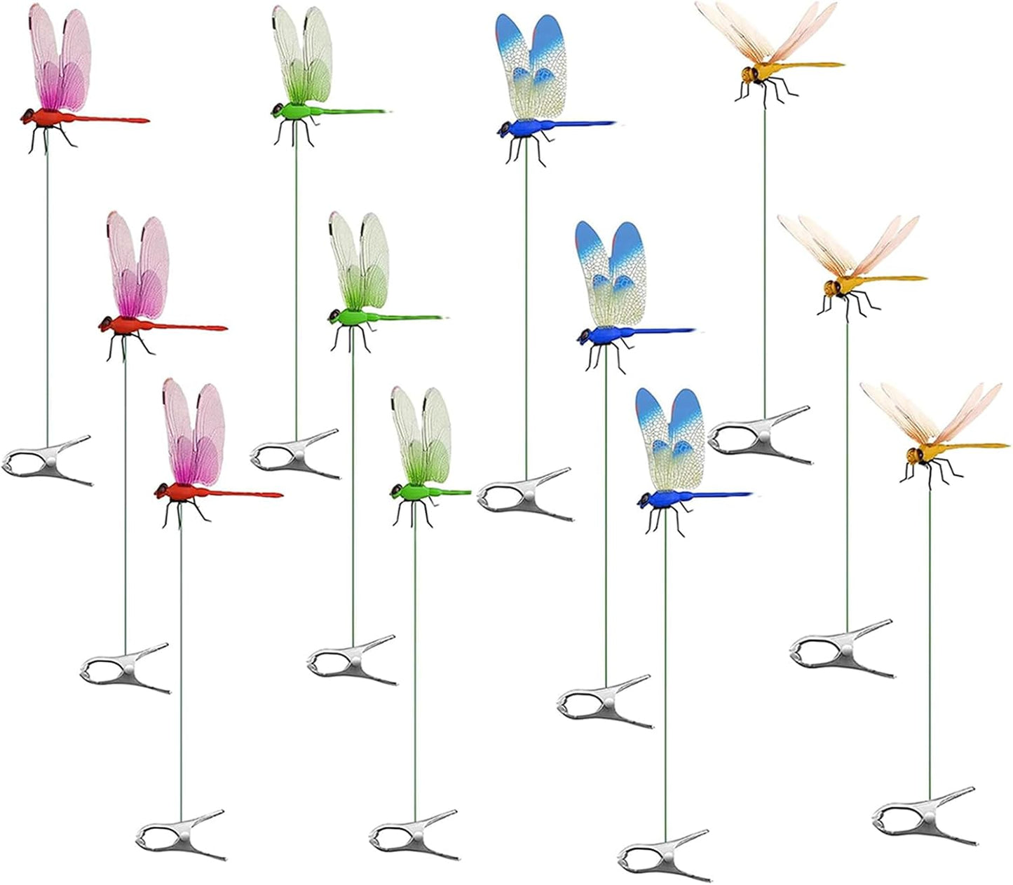 12 Pack Dragonfly Clip,Fake Dragonflies, Humming Bird Stakes Fake, Plastics Dragonfly for Garden Stakes Decor Yard Ornaments for Hat,Deer and Horse,Fly Scare Devices for Indoor Outdoor