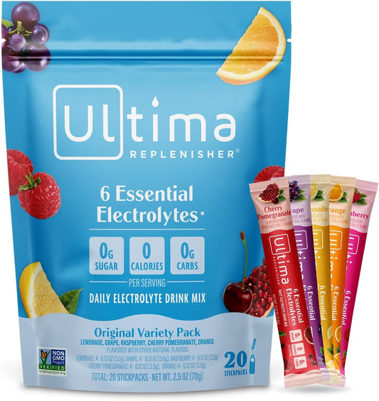 Ultima Replenisher Daily Electrolyte Powder ?Original Variety Pack, 20 Stickpacks ?Zero Sugar Hydration Packets with 6 Electrolytes and Minerals ?Sugar Free, Plant Based & Keto Friendly Drink Mix