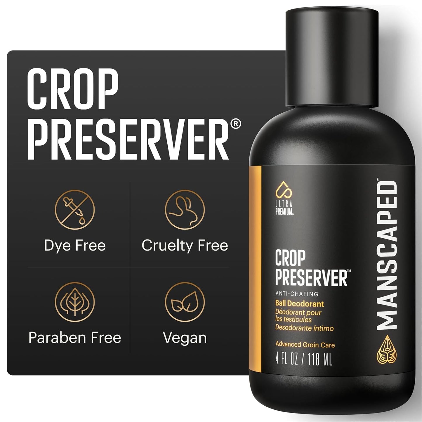 MANSCAPED?The Crop Preserver? Men's Ball Deodorant, Male Care Hygiene Moisturizer, Anti-Chafing Groin Protection with Cooling Aloe Vera, Refined?Scent, 4oz