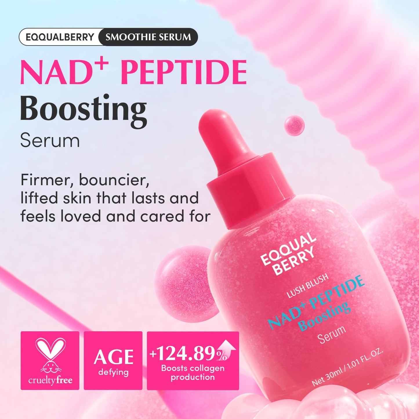 EQQUALBERRY NAD+ Peptide Boosting Serum ?Niacinamide 2% + 14 Peptides + Vegan Collagen Anti-Aging Korean Skincare Face & Neck & Body Serum | Firming & Lifting Pink Serum (1.01oz / 30ml)