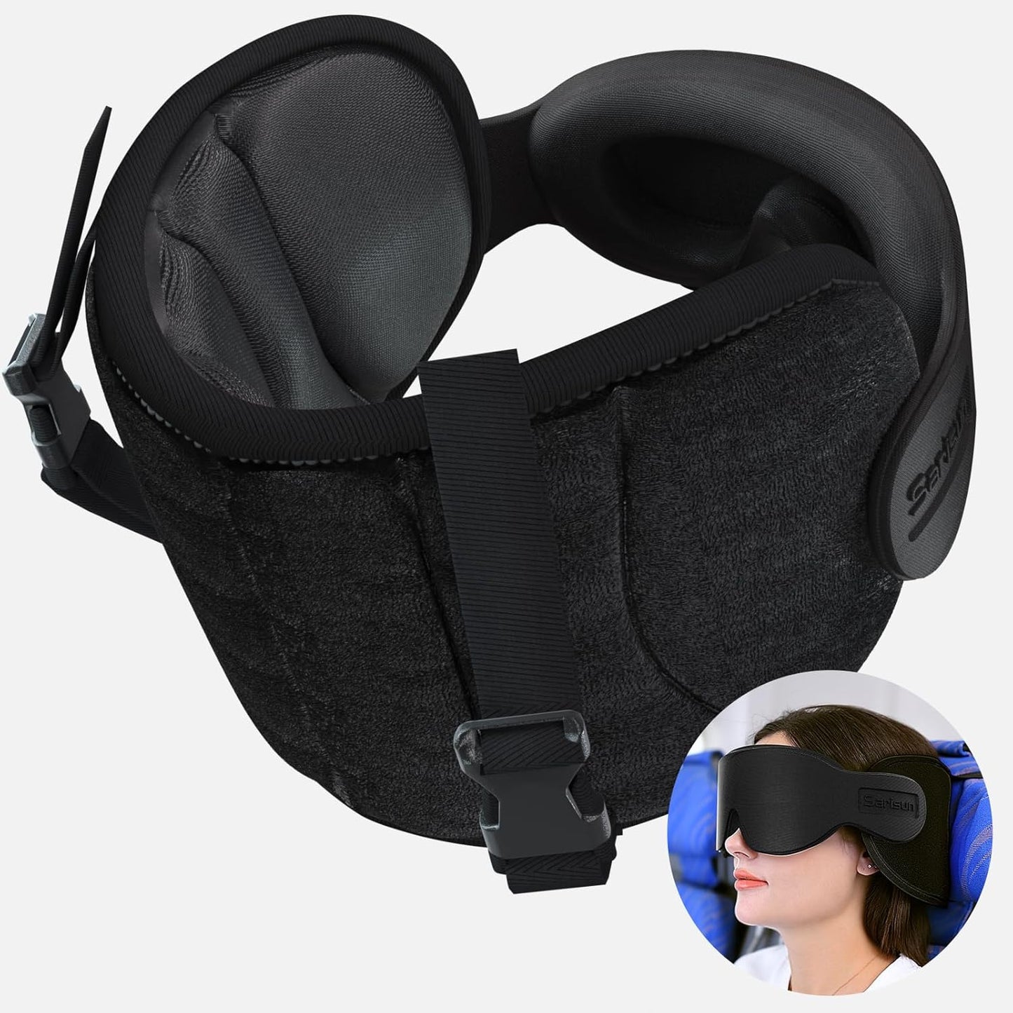 SARISUN Travel Pillows for Airplanes, Airplane Pillow for Long Flight, Airplane Head Strap with Eye Mask for Sleep, Travel Neck Pillow for Car Road Trip, 360?Support Headrest, Stop Bobblehead, Black