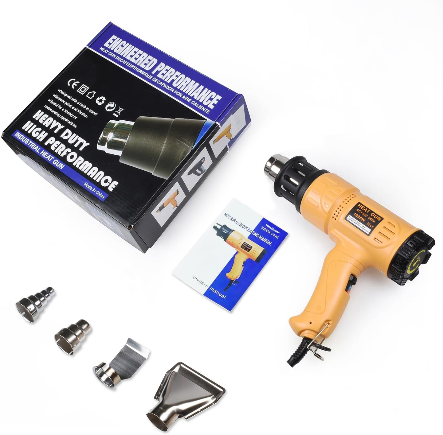 SEEKONE Heat Gun 1800W 122?-1202?(50?- 650?)Fast Heating Heavy Duty Hot Air Gun Kit Variable Temperature Control Overheat Protection with 4 Nozzles for Crafts, Shrinking PVC, Stripping Paint(5.2FT)