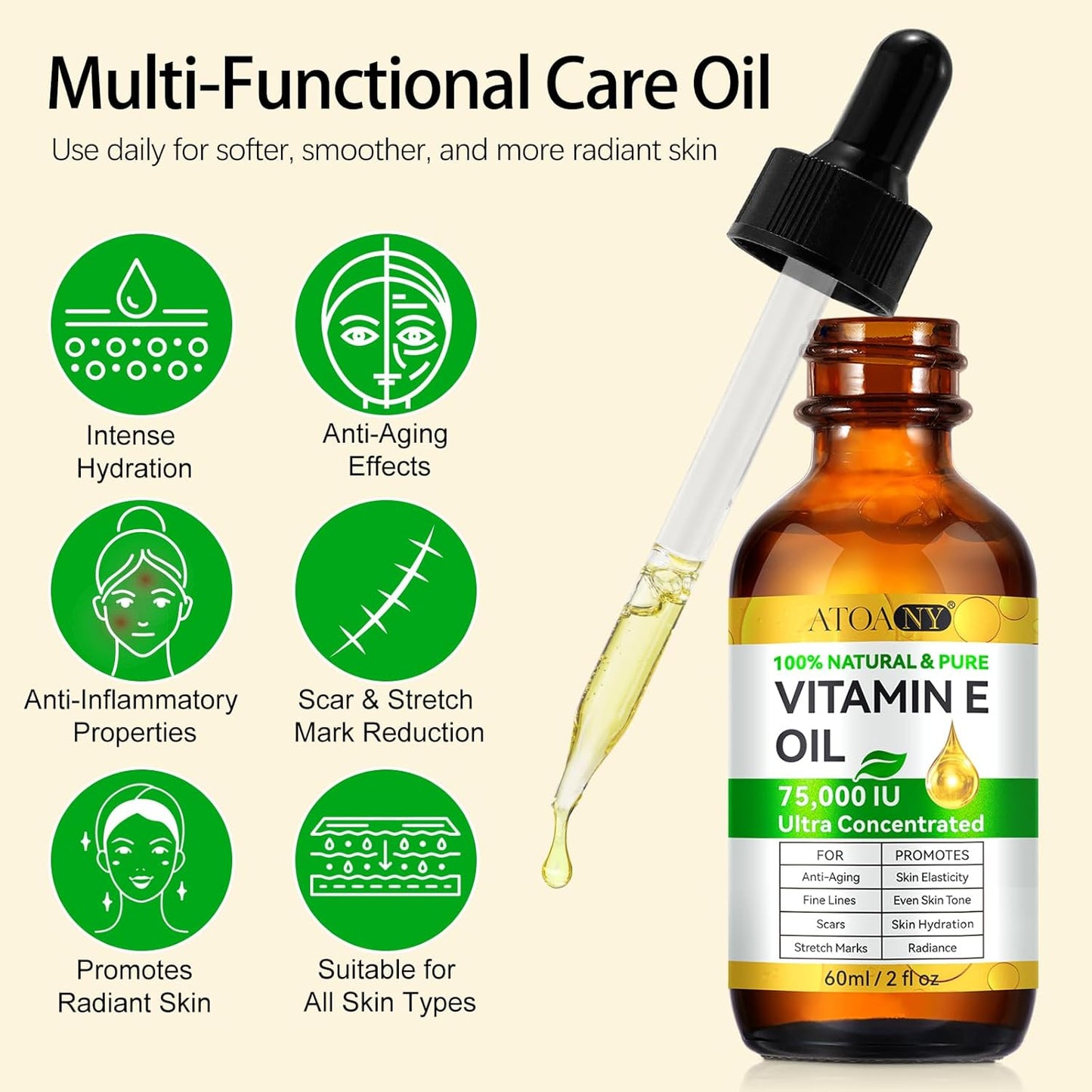flasture Vitamin E Oil 75,000 IU ?100% Pure Natural Vitamin E for Skin, Face, Hair, Scars ?Deep Moisturizing Body Oil for Dry Skin, Wrinkles ?Cold-Pressed, Non-GMO,Skincare ?2 Fl Oz