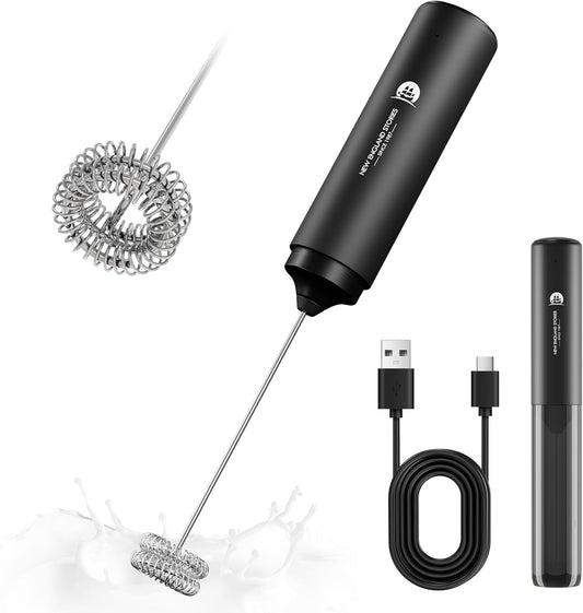 Rechargeable Milk Frother Handheld, 2-IN-1 Dual Spring Whisk Electric Frother Wand for Cappuccino Latte Macchiato, Portable Drink Mixer for Coffee, Matcha, Hot Chocolate