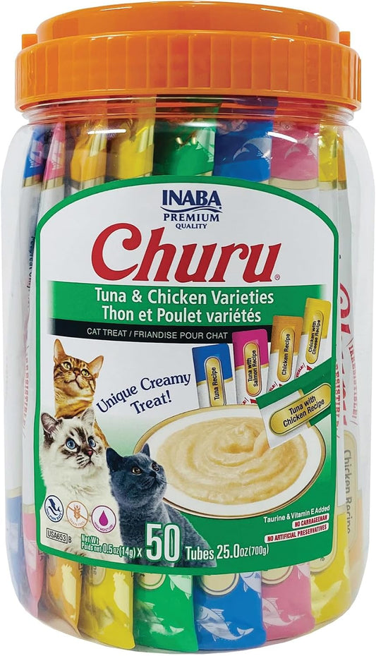 INABA Churu Cat Treats, Grain-Free, Lickable, Squeezable Creamy Pur? Cat Treat/Topper with Vitamin E & Taurine, 0.5 Ounces Each Tube, 50 Tubes, Tuna & Chicken Variety