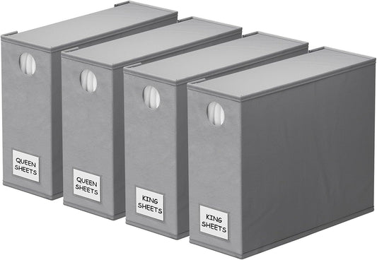 SpaceAid 4 Pack Bed Sheet Organizers and Storage, Foldable Organizer for Linen Closet, Sheets Set Folder Keeper with Window XL (Queen & King Size) Organizing Bedding Container, Gray 91ZDSN-SL01-G4