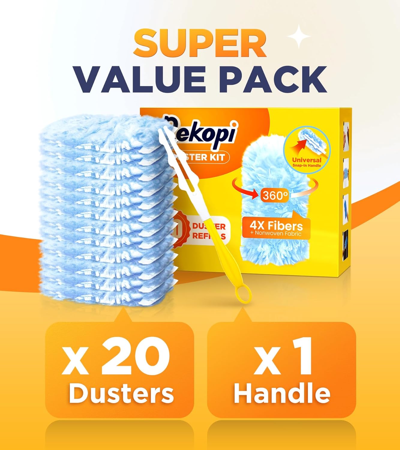 Heavy Duty Duster Refills for Swiffer Duster, 20 Count Duster Refills with 1 Handle, Multisurface 360?Dusters with 4X Microfibers, Unscented Disposable Dusters for Cleaning