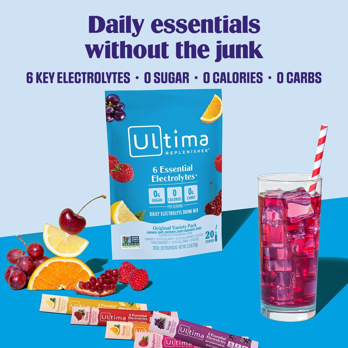 Ultima Replenisher Daily Electrolyte Powder ?Original Variety Pack, 20 Stickpacks ?Zero Sugar Hydration Packets with 6 Electrolytes and Minerals ?Sugar Free, Plant Based & Keto Friendly Drink Mix