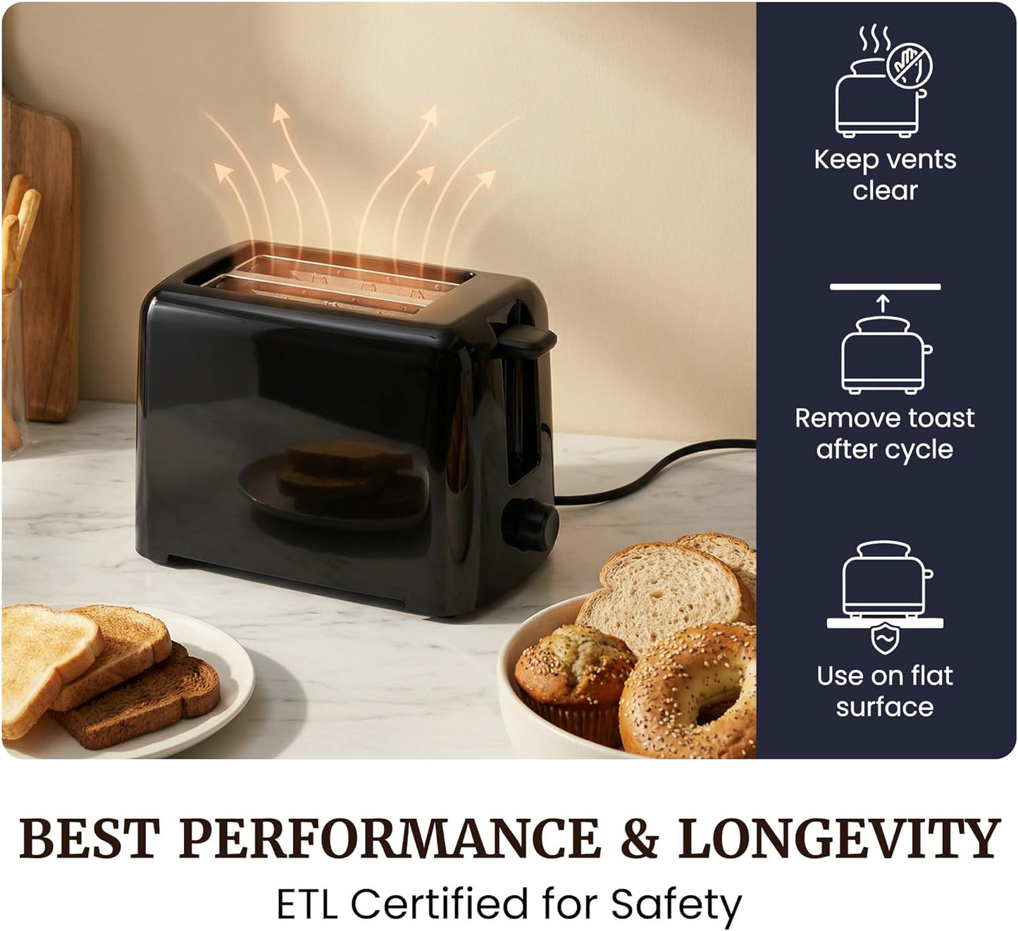 Elite Gourmet 2-Slice Cool Touch Toaster ?6 Browning Levels, Extra Wide 1.25?Slots for Bagels & Thick Bread, Cancel Function, Compact, ETL Certified, Black