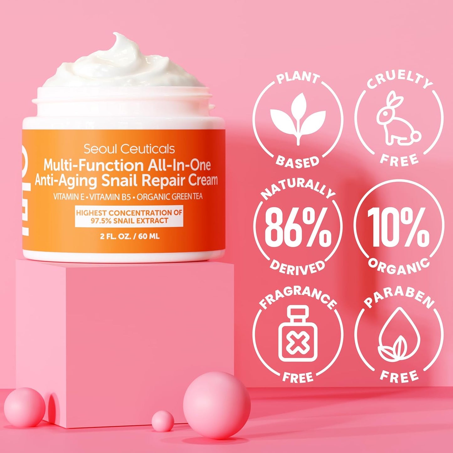 SeoulCeuticals Snail Mucin Moisturizer 97.5% - Korean Skin Care Snail Repair Cream - Day & Night Anti Aging K Beauty Skincare Cruelty Free 2oz