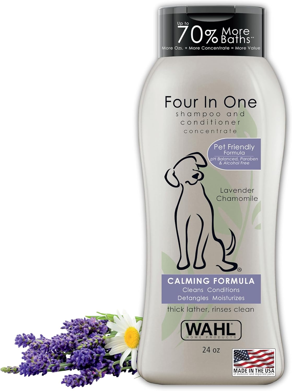 Wahl USA 4-in-1 Calming Dog Shampoo with Lavender Chamomile Scent ?Cleans, Conditions, Detangles, & Moisturizes - Pet Friendly Formula - 24 Oz - Model 820000A