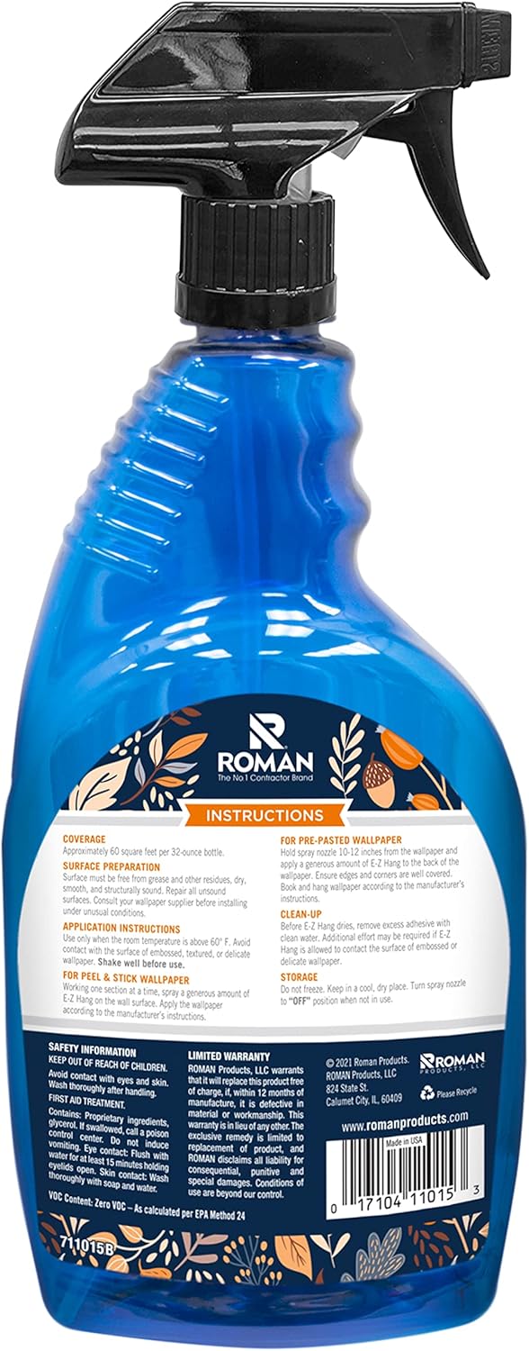 Roman? E-Z Hang Peel & Stick Wallpaper Helper, Clear, Non-Staining, 32 Fluid Ounces