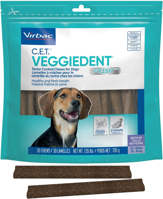 Virbac C.E.T.?VEGGIEDENT?FR3SH?Tartar Control Chews for Dogs with digestive health support, VOHC Approved, Medium 22-66lbs