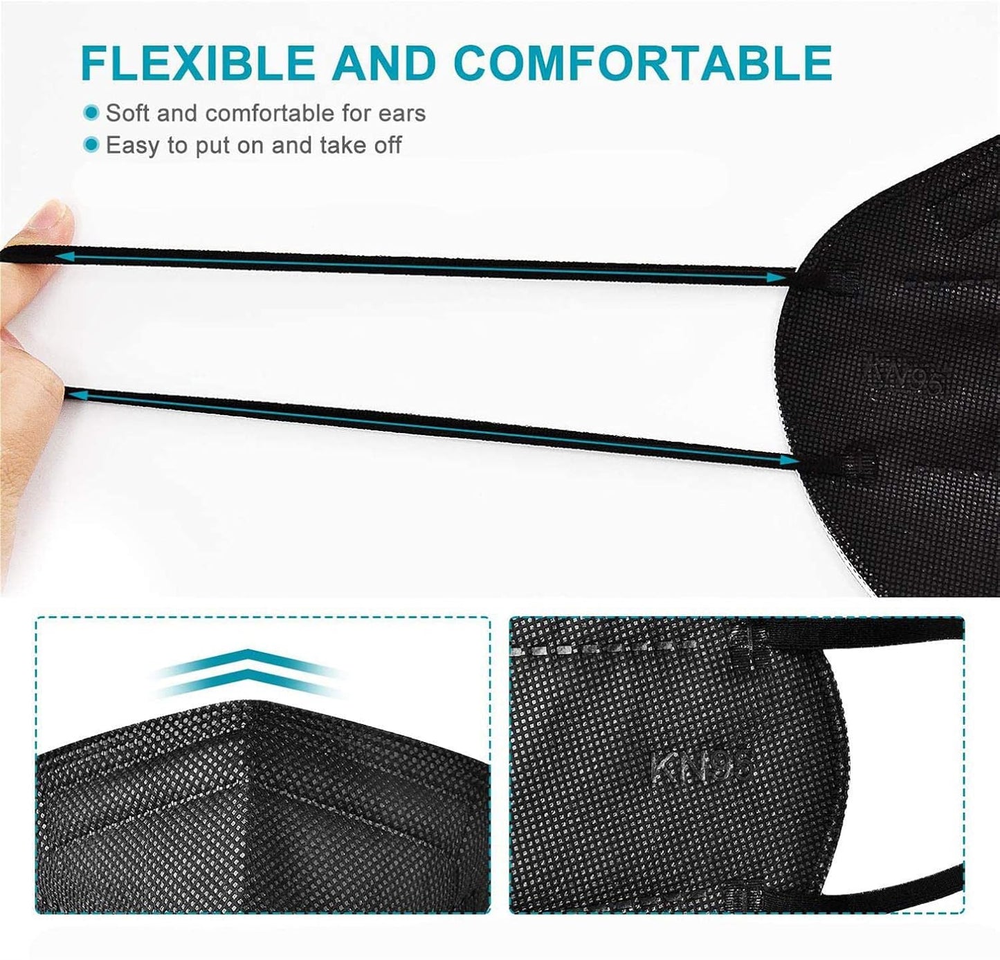 LEMENT 50pcs KN95 Face Mask Black 5 Layer Cup Dust Safety Masks Filter Efficiency=95% Breathable Elastic Ear Loops Black Masks