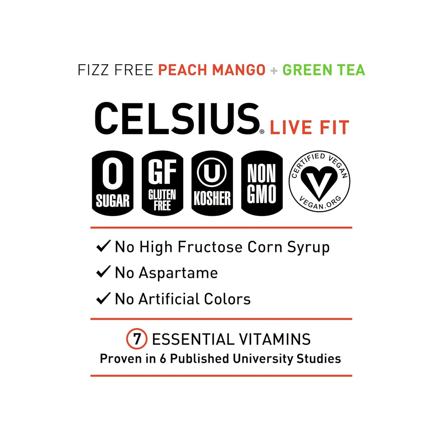 CELSIUS Fizz Free Peach Mango Green Tea, Sugar Free Energy Drink, 12 Fl Oz (Pack of 12)