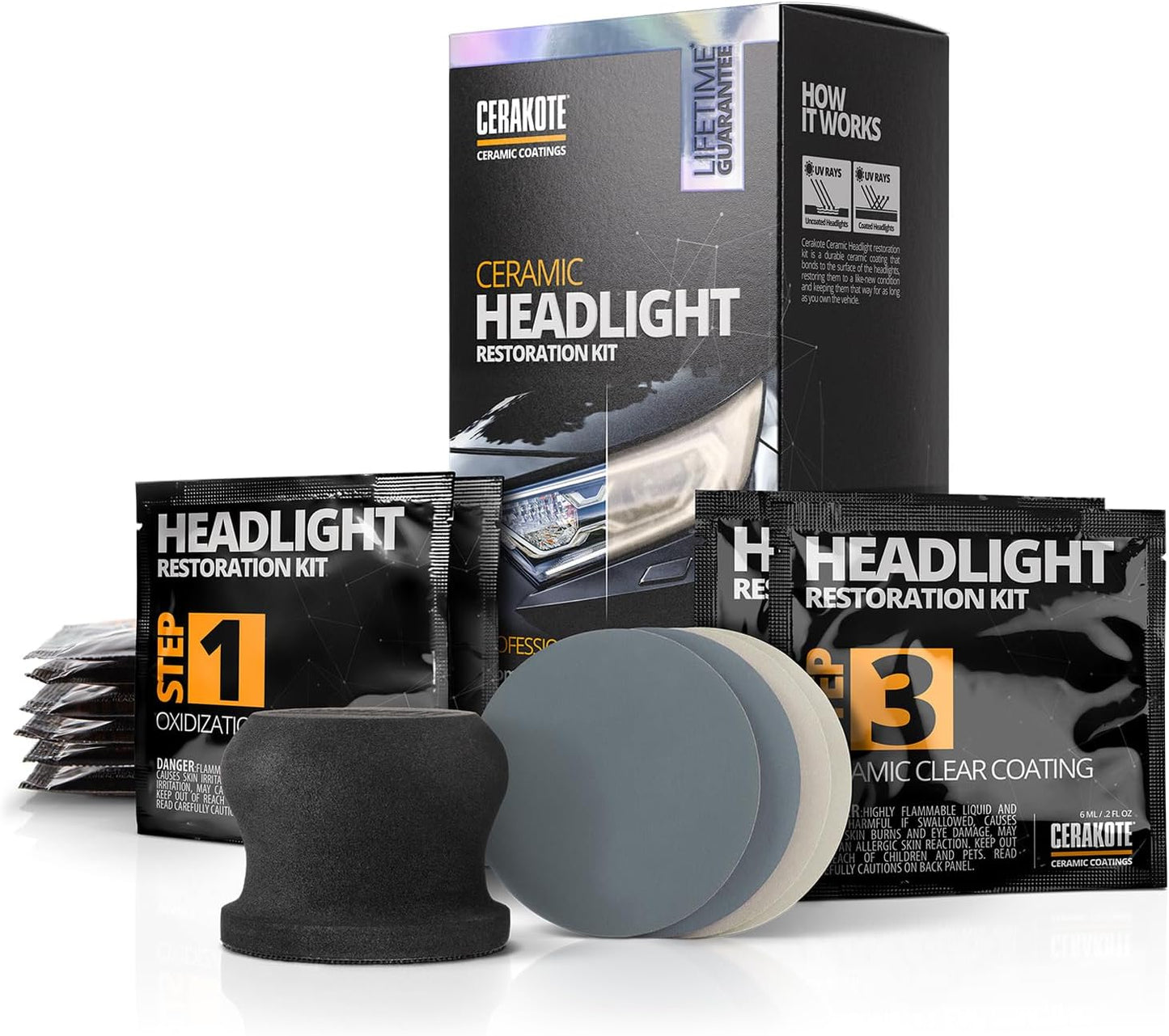 CERAKOTE?Ceramic Headlight Restoration Kit ?Guaranteed To Last As Long As You Own Your Vehicle ?Brings Headlights Back to Like New Condition - No Power Tools Required - 10 Wipe Kit