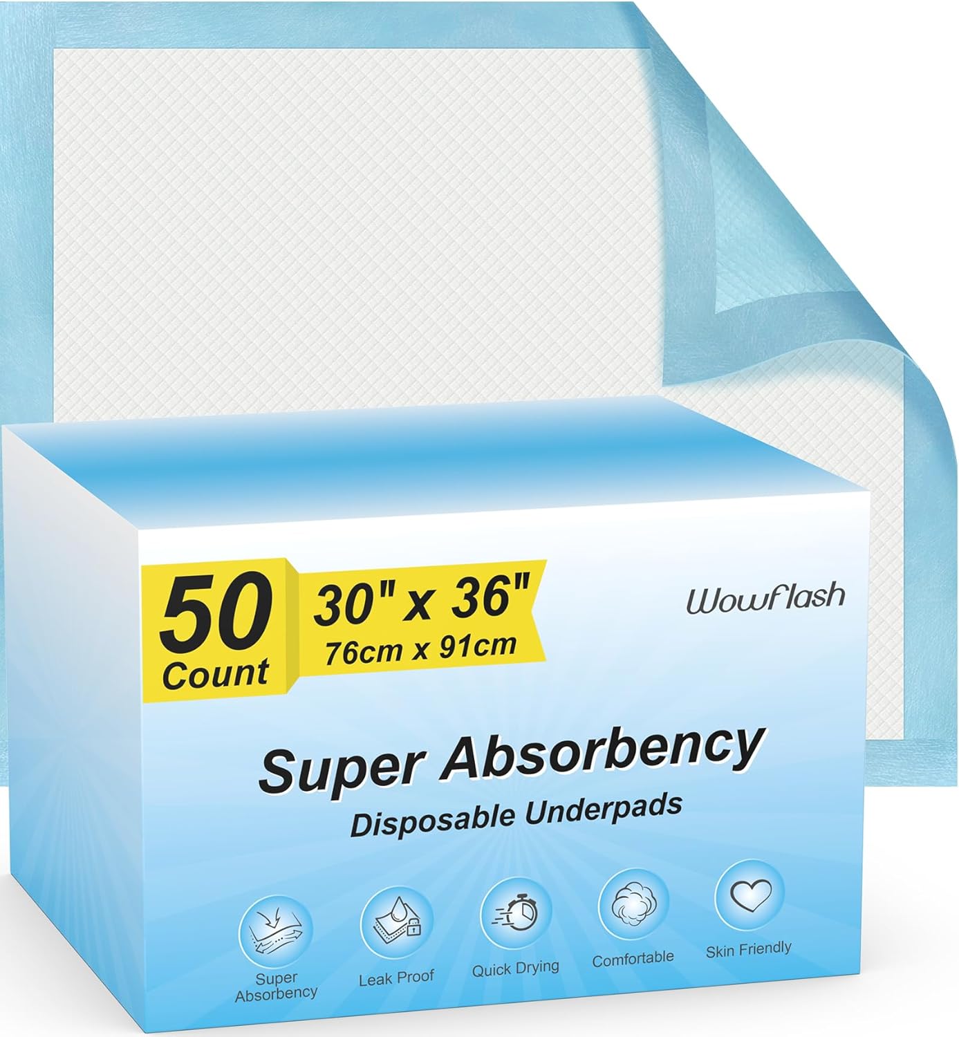 Wowflash Super Absorbency Disposable Leakproof Underpads with Quick Drying for Baby, Adults, Puppy, Dog Bed Pee Pads, Extra Large, XXL Incontinence Pads, 30?x 36? 50 Count