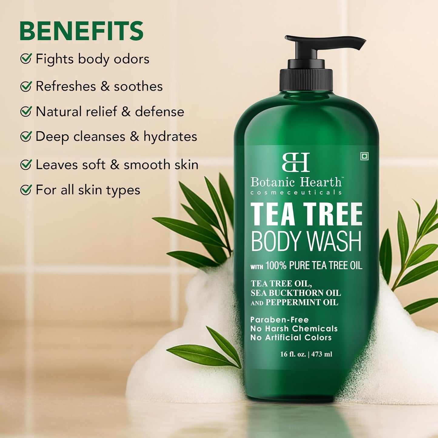 Botanic Hearth Tea Tree Body Wash -16 fl oz- All-Natural Antifungal & Odor-Control Shower Gel for Acne, Athlete? Foot, Ringworm, Jock Itch & Healthy Skin,Sulfate & Paraben Free, for Men and Women