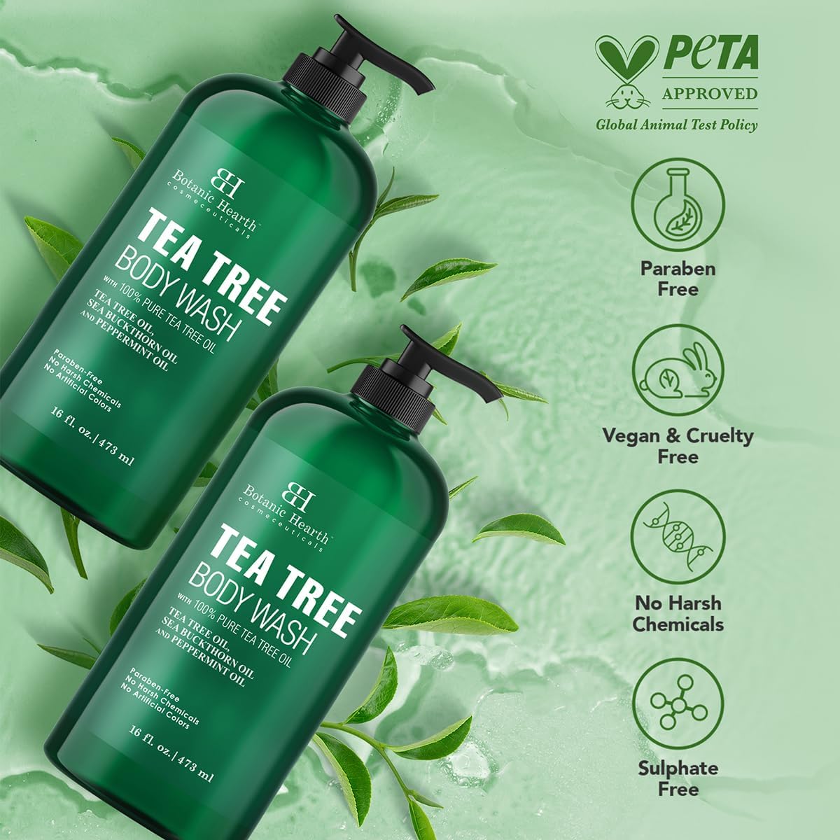 Botanic Hearth Tea Tree Body Wash 16 fl oz (2 Pack) Natural Antifungal & Odor Control Shower Gel for Acne, Athlete? Foot, Ringworm, Jock Itch, Healthy Skin, Sulfate & Paraben Free, for Men & Women