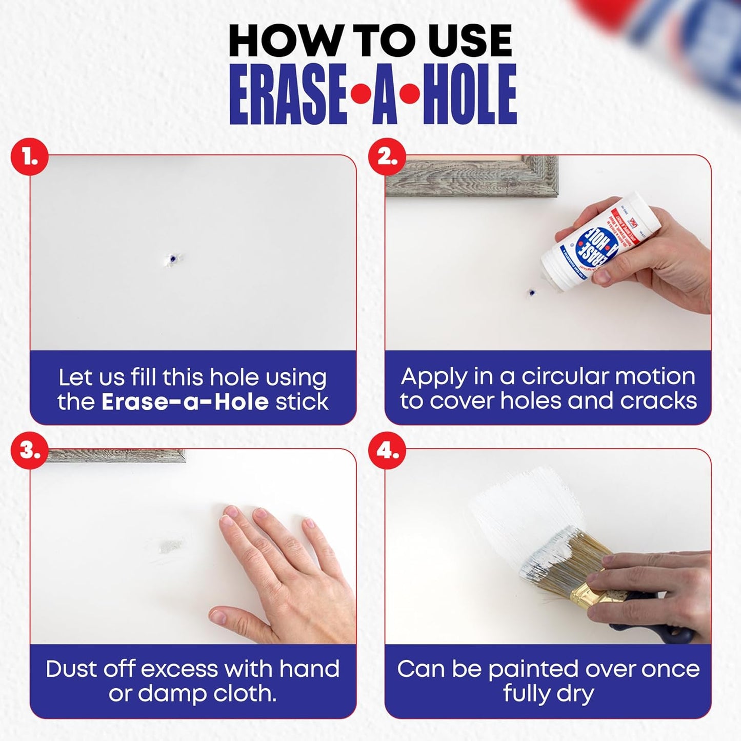 Erase-A-Hole Wall Repair Stick ?Quick-Dry Nail & Screw Hole Filler for Drywall, Wood & Plaster ?No Sand Spackle Alternative, Paintable Putty, 4.5 oz