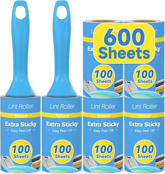 Swihauk 600 Sheets Extra Sticky Lint Rollers for Pet Hair, Easy Spiral Tear Lint Roller for Clothes with Ergonomic Handle, Multipurpose Lint Remover for Furniture, Carpet, Car Seat