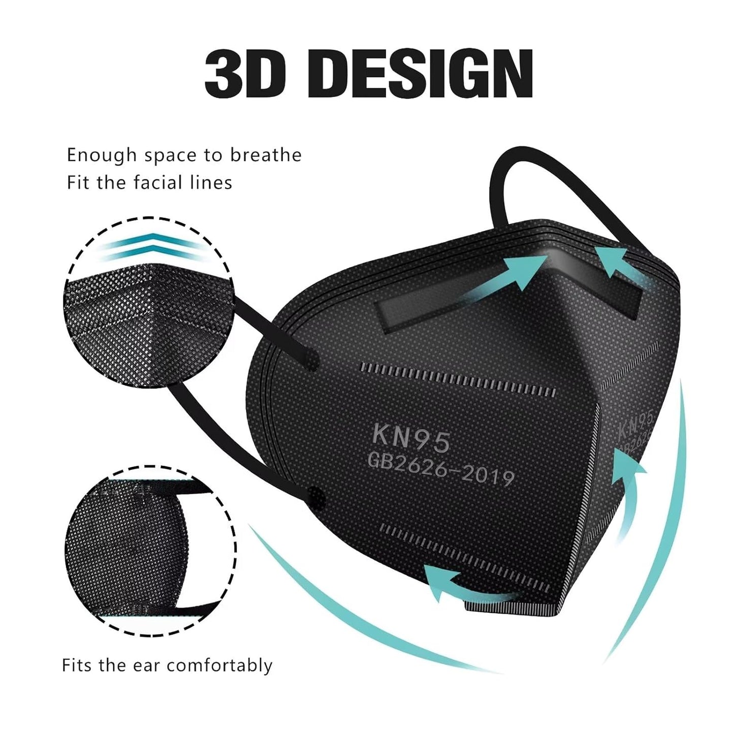 LEMENT 50pcs KN95 Face Mask Black 5 Layer Cup Dust Safety Masks Filter Efficiency=95% Breathable Elastic Ear Loops Black Masks