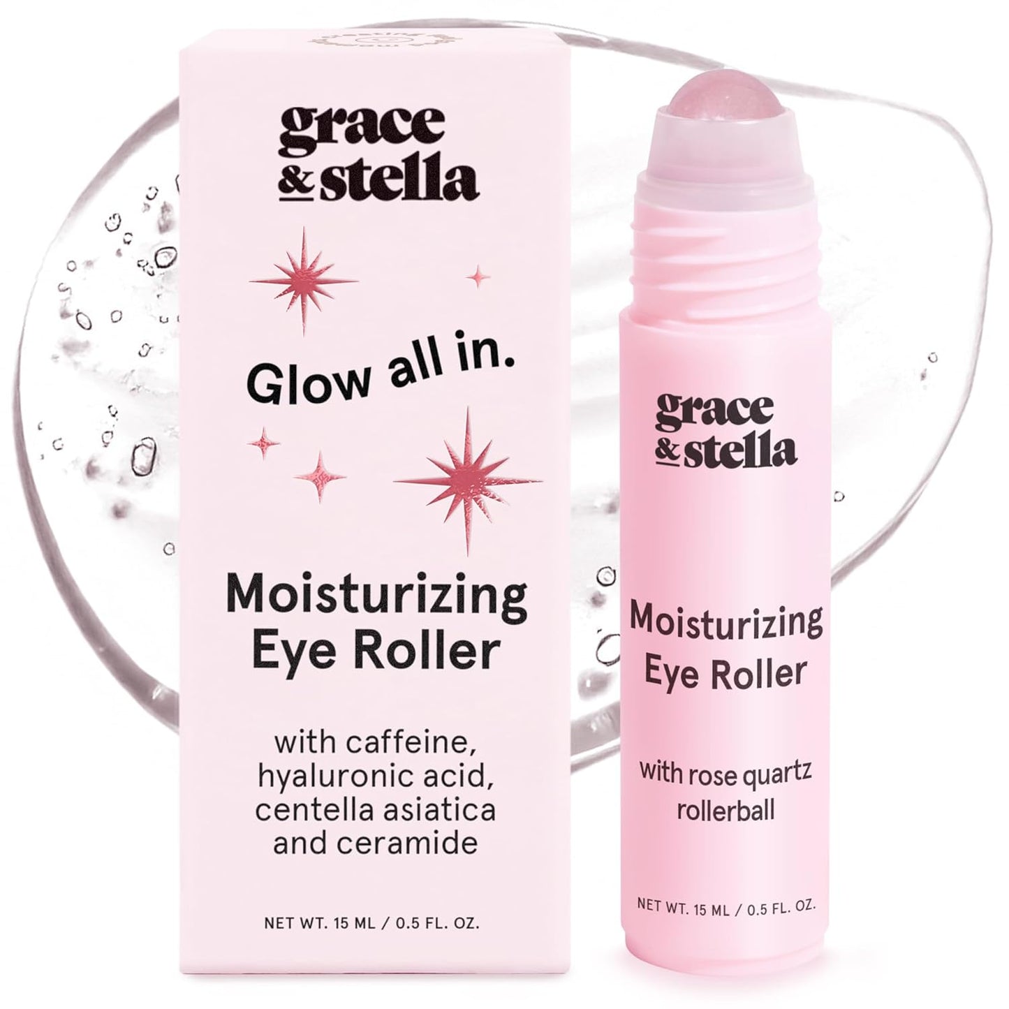 grace & stella Under Eye Brightener with Rose Quartz Rollerball - Centella Asiatica & Caffeine Under Eye Serum for Dark Circles & Puffiness - Travel Essentials, Birthday Gifts for Mom (15ml/0.51floz)