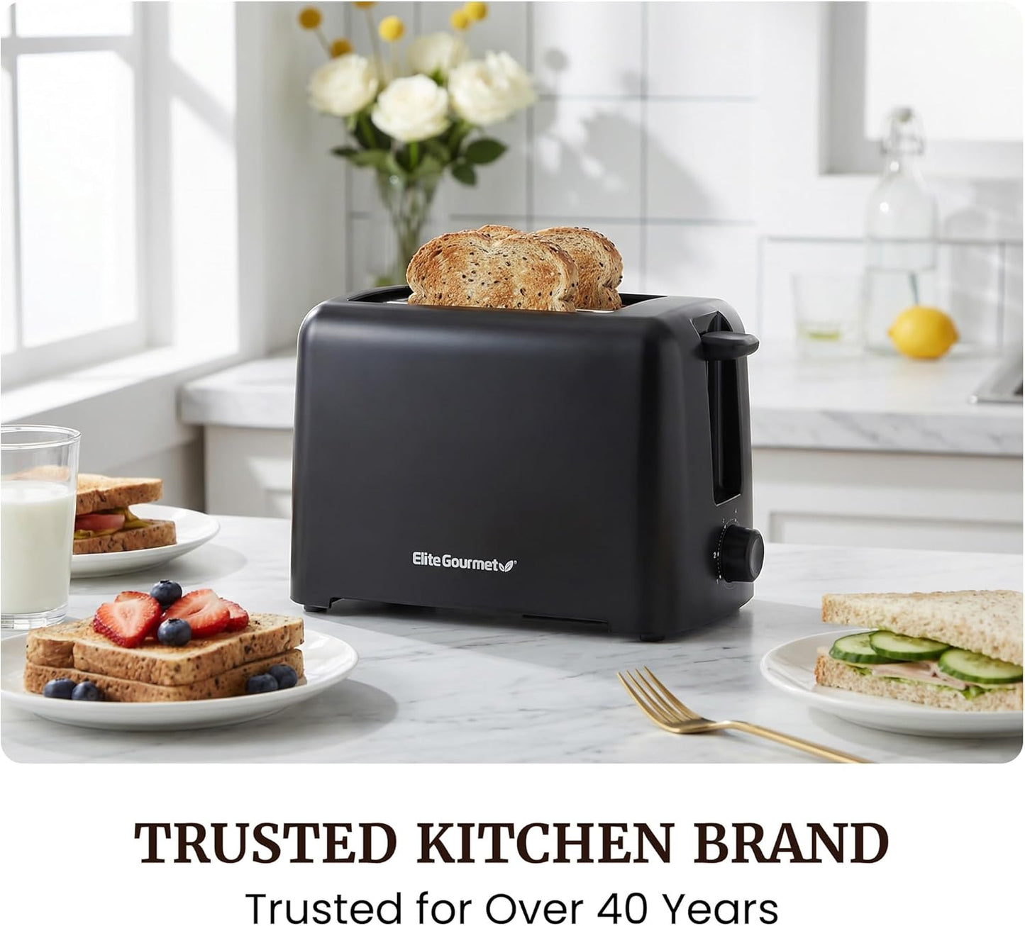 Elite Gourmet 2-Slice Cool Touch Toaster ?6 Browning Levels, Extra Wide 1.25?Slots for Bagels & Thick Bread, Cancel Function, Compact, ETL Certified, Black