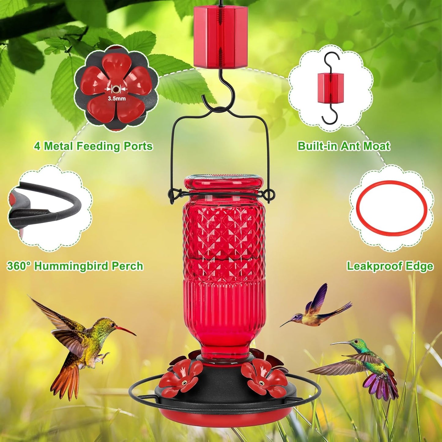FEED GARDEN Glass Hummingbird Feeder, 16oz Outdoor Hanging Bird Feeder with Ant Moat, 4 Bee-Proof Feeding Ports, 360?Perch, Leak-Proof, Red