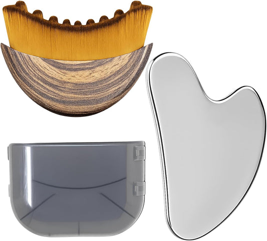 Stainless Steel Gua Sha Tool & Lymphatic Drainage Face Brush Set, TWPER Facial Massage Kit for Jawline Sculpting Puffiness Lifting Relaxation, Contour Face Brush with Storage Case