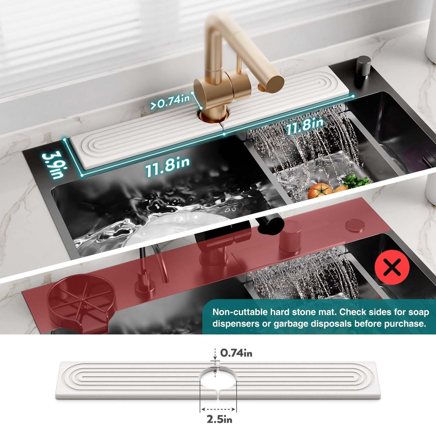 Eormoe Faucet Mat for Kitchen Sink ?Diatomite Stone Drying Mat & Sink Protectors, Prevent Moisture ?Sink Splash Guard Water-Absorbing Stone Tray for Kitchen Counter Decor (Light Grey, 23.6" x 3.9")