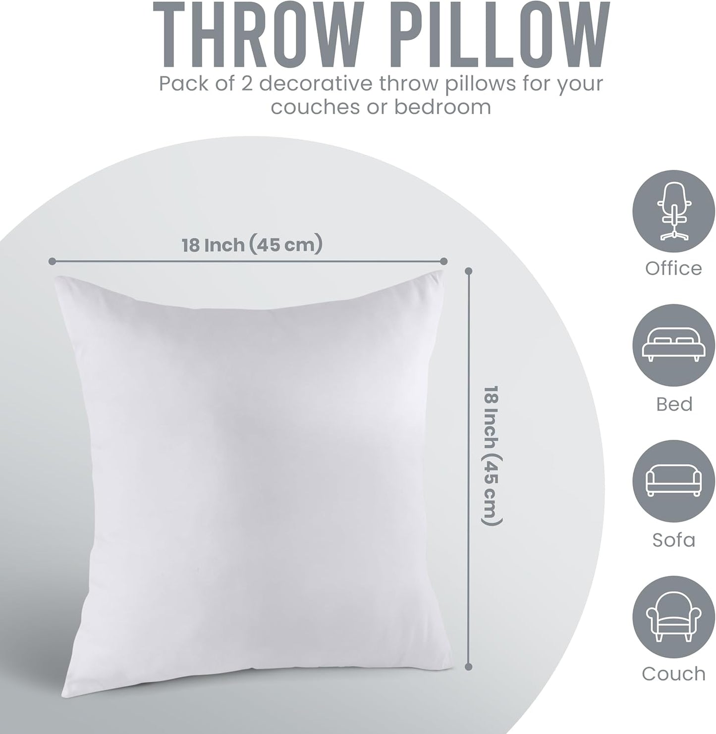 Utopia Bedding 18x18 Pillow Inserts, Set of 2, White ?Indoor Decorative Throw Pillows for Bed, Sofa & Couch ?Soft, Supportive & Fluffy Cushion Inserts