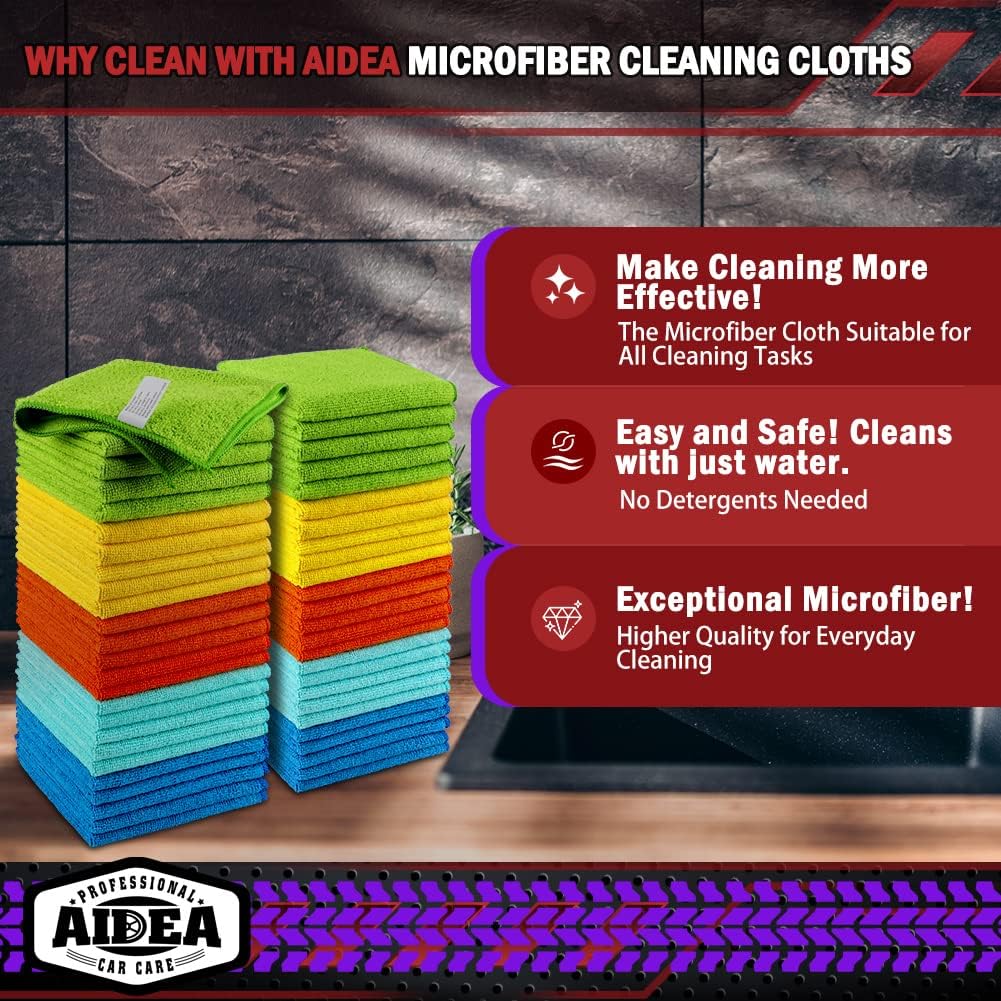 AIDEA Microfiber Cleaning Cloth, 50PK, Microfiber Towels for Cars, Premium Wash Cloths, Dusting Cloth Cleaning Rags, Absorbent Towels for SUVs, House, Kitchen, Window, Cleaning Supplies12?2"