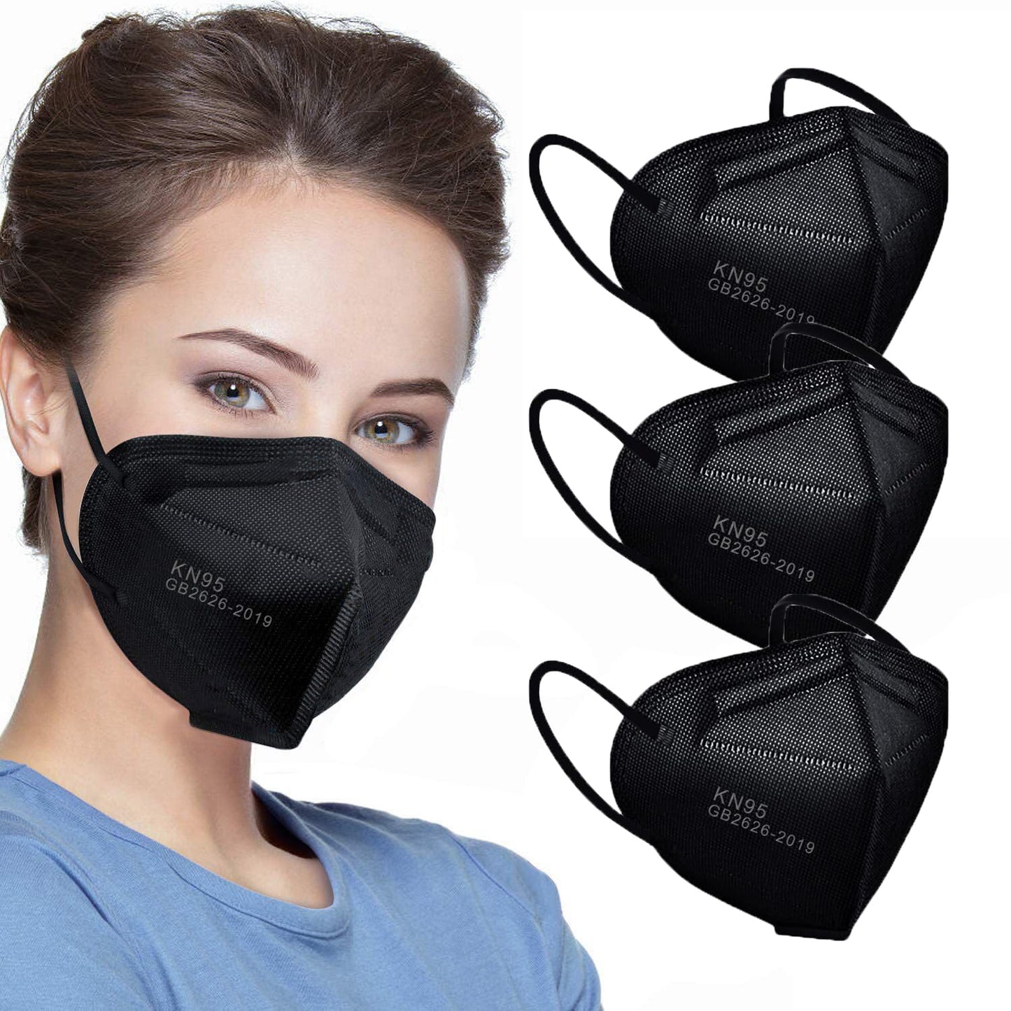 LEMENT 50pcs KN95 Face Mask Black 5 Layer Cup Dust Safety Masks Filter Efficiency=95% Breathable Elastic Ear Loops Black Masks