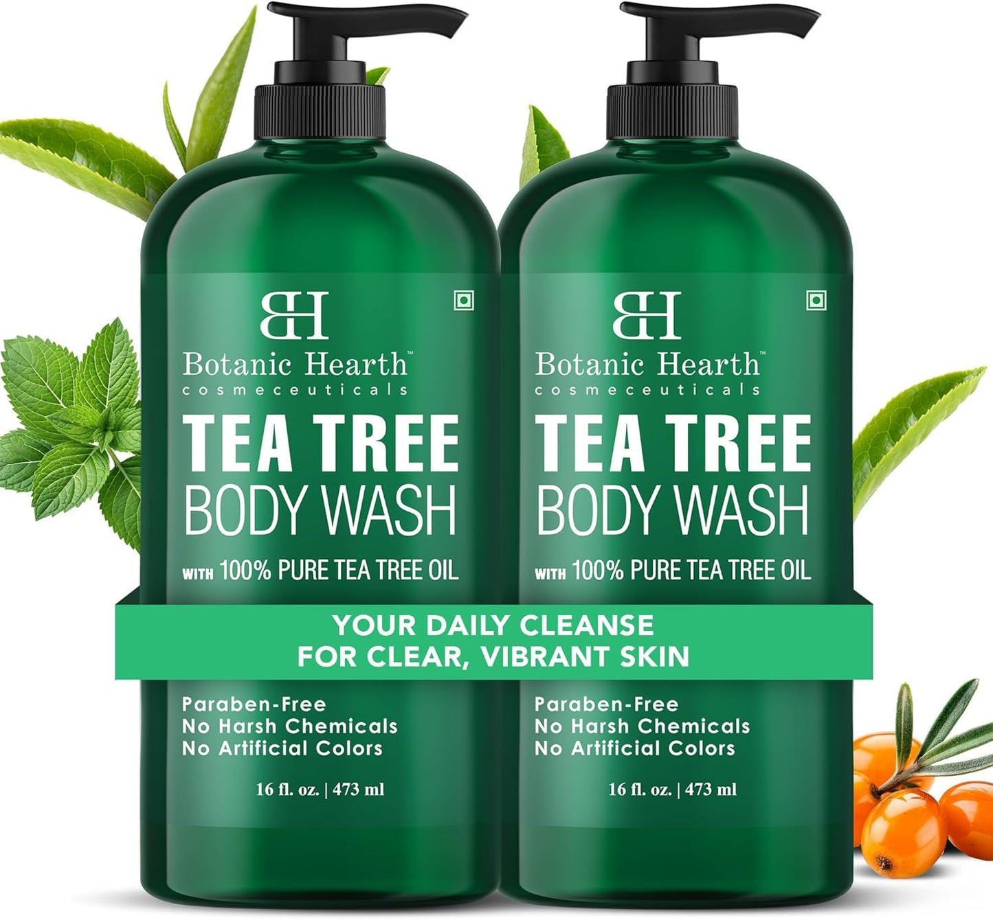 Botanic Hearth Tea Tree Body Wash 16 fl oz (2 Pack) Natural Antifungal & Odor Control Shower Gel for Acne, Athlete? Foot, Ringworm, Jock Itch, Healthy Skin, Sulfate & Paraben Free, for Men & Women