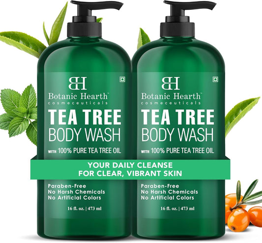 Botanic Hearth Tea Tree Body Wash 16 fl oz (2 Pack) Natural Antifungal & Odor Control Shower Gel for Acne, Athlete? Foot, Ringworm, Jock Itch, Healthy Skin, Sulfate & Paraben Free, for Men & Women