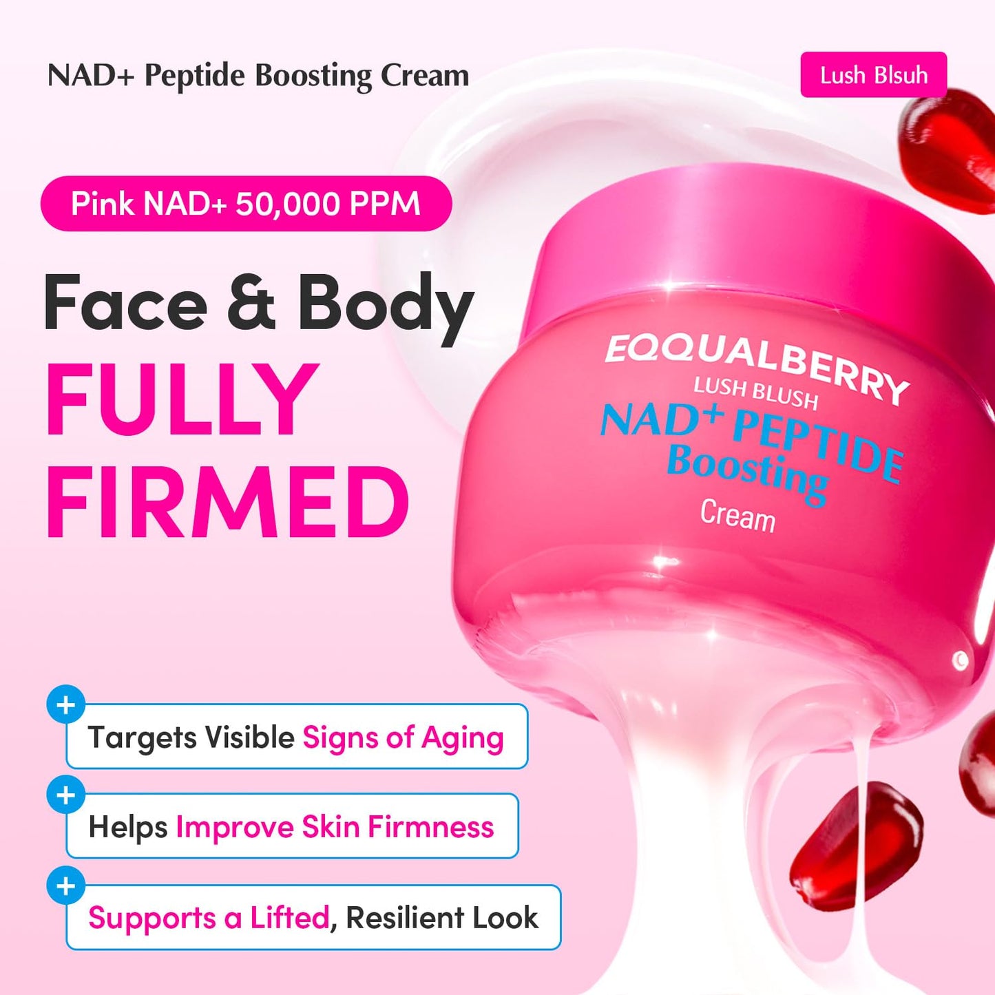 EQQUALBERRY NAD+ Peptide Boosting Cream ?NAD+ 5% & 13 Peptides Anti-Aging Korean Skincare Face & Body Cream | Firming & Lifting Pink Neck Cream for Sagging Skin (1.69 fl.oz / 50ml)