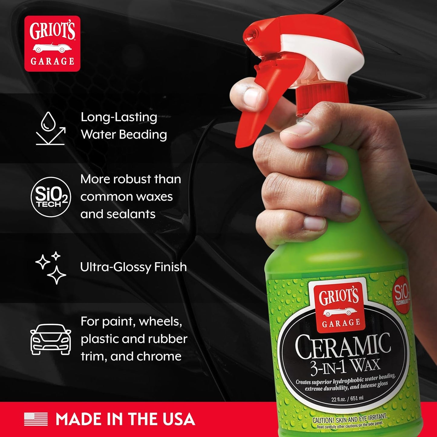 Griot? Garage Ceramic 3-in-1 Wax, SiO2 Spray for Cars, Trucks, and RV?, Provides Protection and Water Beading on Paint, Wheels, Plastic, Rubber Trim, Chrome, and More, 10978, 22 oz
