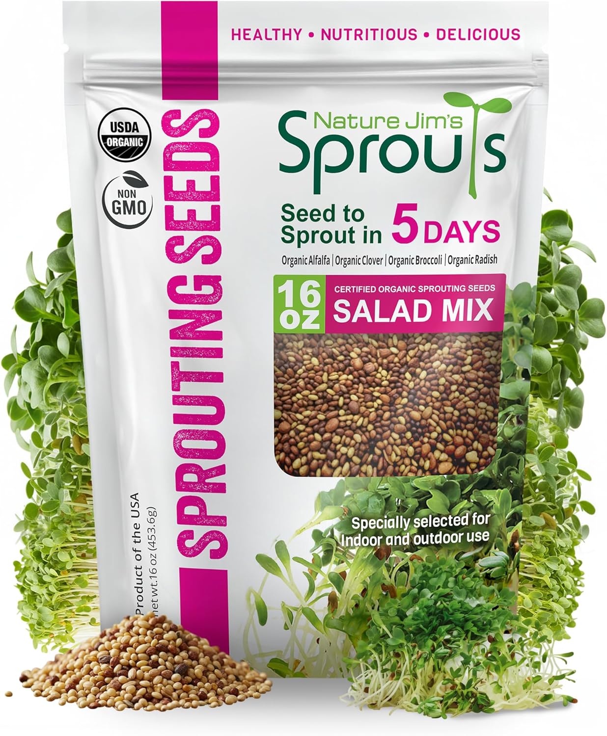 Nature Jim? Sprouts Organic Salad Mix ?Non-GMO Microgreen Seeds, Perfect for Growing Nutritious Organic Broccoli, Alfalfa, Radish & Clover Sprouts ?Easy Indoor/Outdoor Home Sprouting Seeds ?1lb