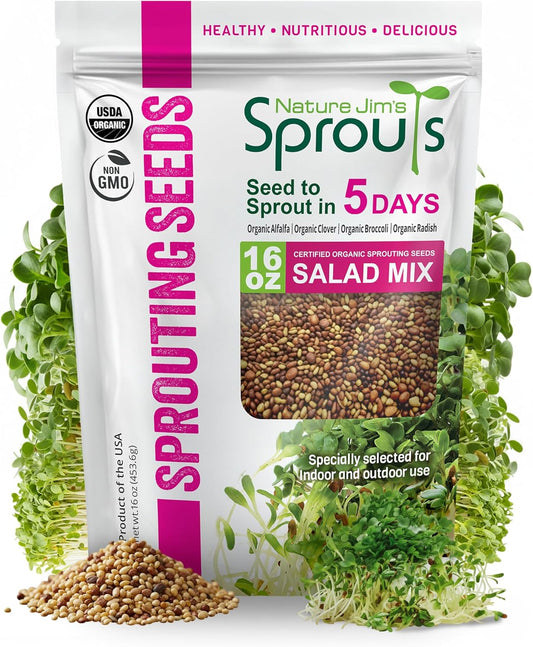 Nature Jim? Sprouts Organic Salad Mix ?Non-GMO Microgreen Seeds, Perfect for Growing Nutritious Organic Broccoli, Alfalfa, Radish & Clover Sprouts ?Easy Indoor/Outdoor Home Sprouting Seeds ?1lb