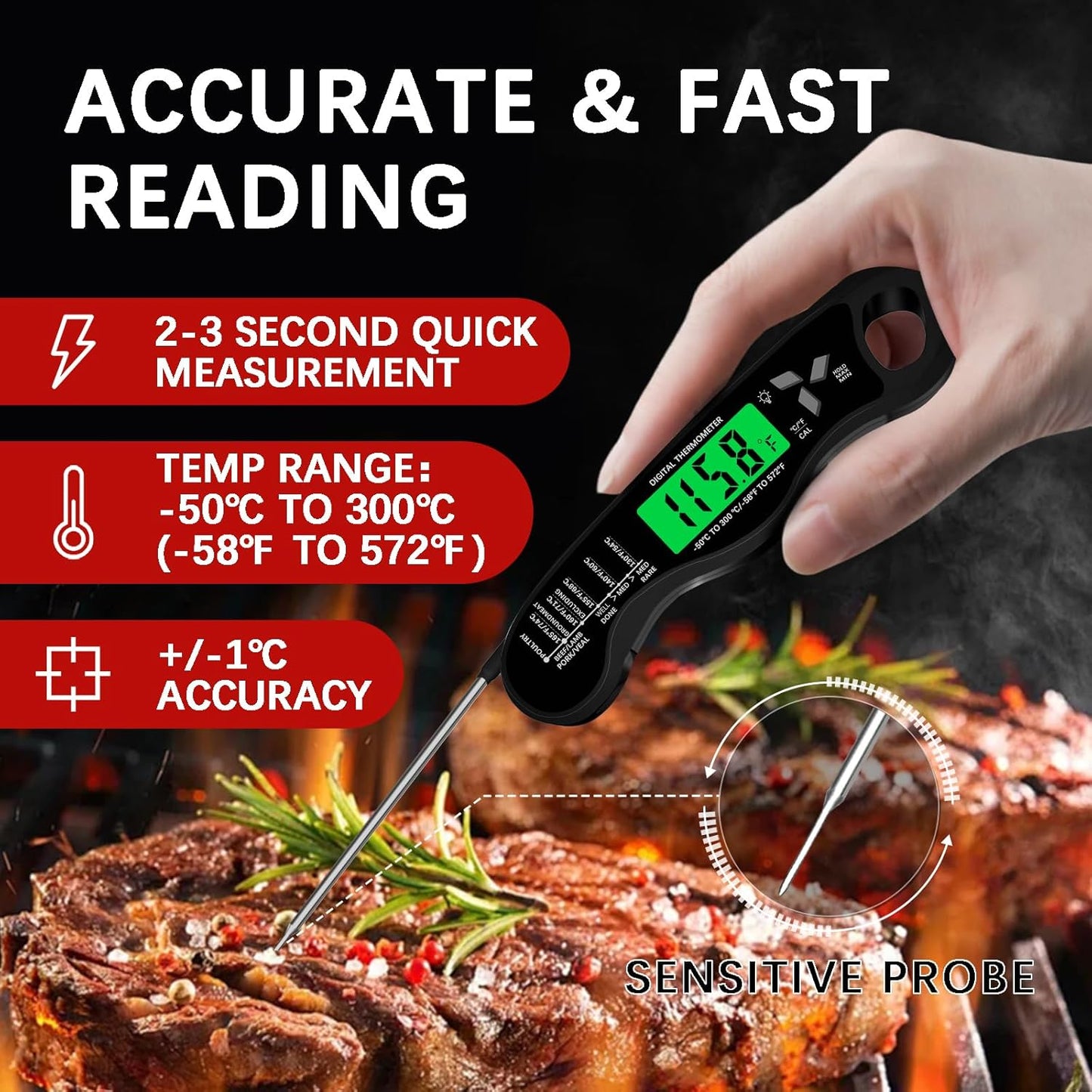 Meat Thermometer Digital,IP67 Waterproof Cooking Thermometer with Backlight, Calibration & Hold Function,Food Thermometer for Cooking,Outdoor Grilling