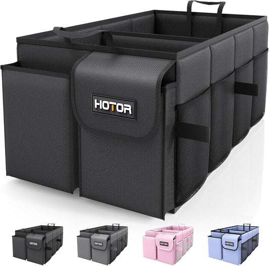 HOTOR Trunk Organizer - Car Organizer, Foldable Trunk organizer for SUVs & Sedans, Sturdy Car Organization for Car Accessories, Tools, Sundries, Black, 2 Compartments, 21.3"?2.6"?0.6"