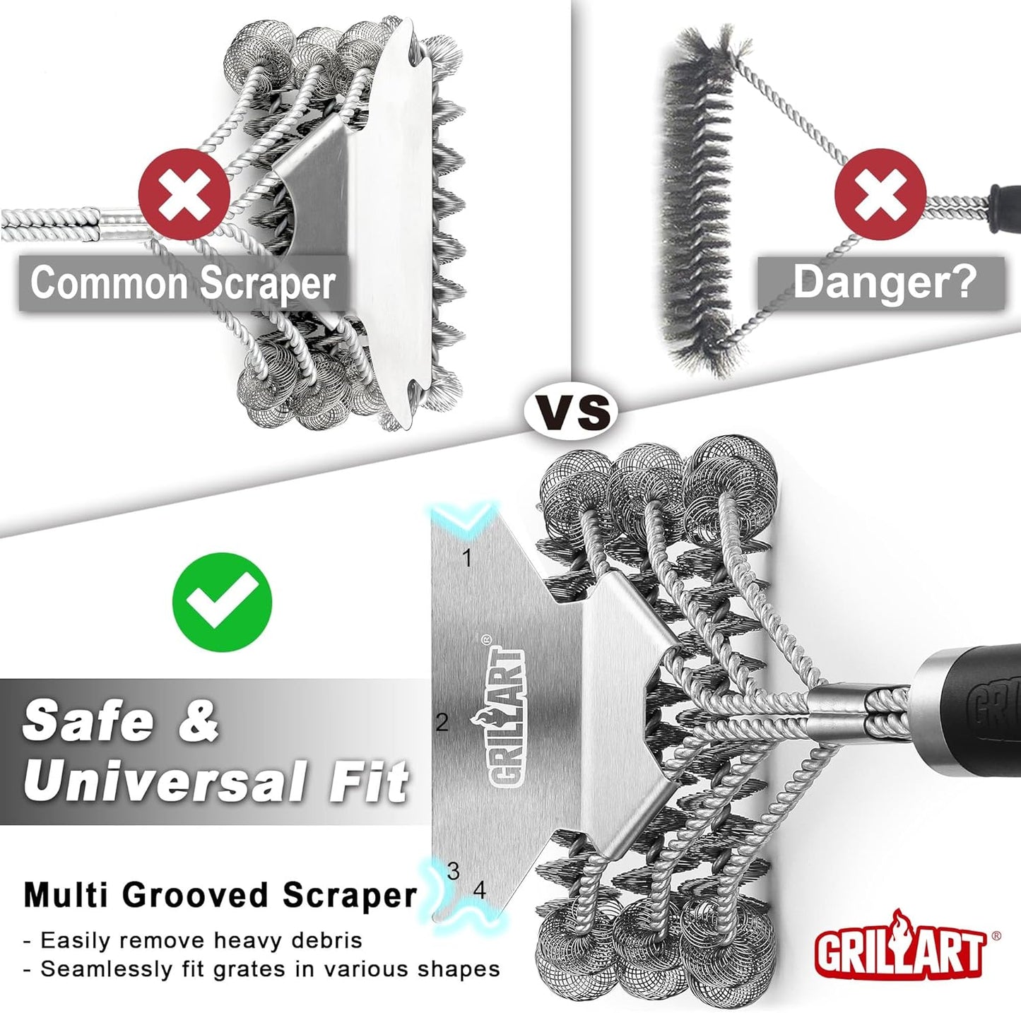 Grill Brush and Scraper Bristle Free ?Safe BBQ Brush for Grill ?18'' Stainless Grill Grate Cleaner - Safe Grill Accessories for Porcelain/Weber Gas/Charcoal Grill ?Gifts for Grill Wizard